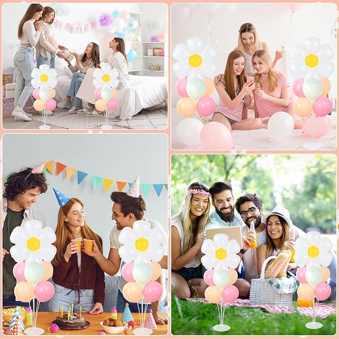 Daisy Party Balloons Stand Kit 2 Sets with 2 White Daisy Flower Foil Balloons Fresh Flower 1st Party Balloon Centerpieces for Tables for Spring Theme Mothers Day Daisies Themed Birthday Decorations