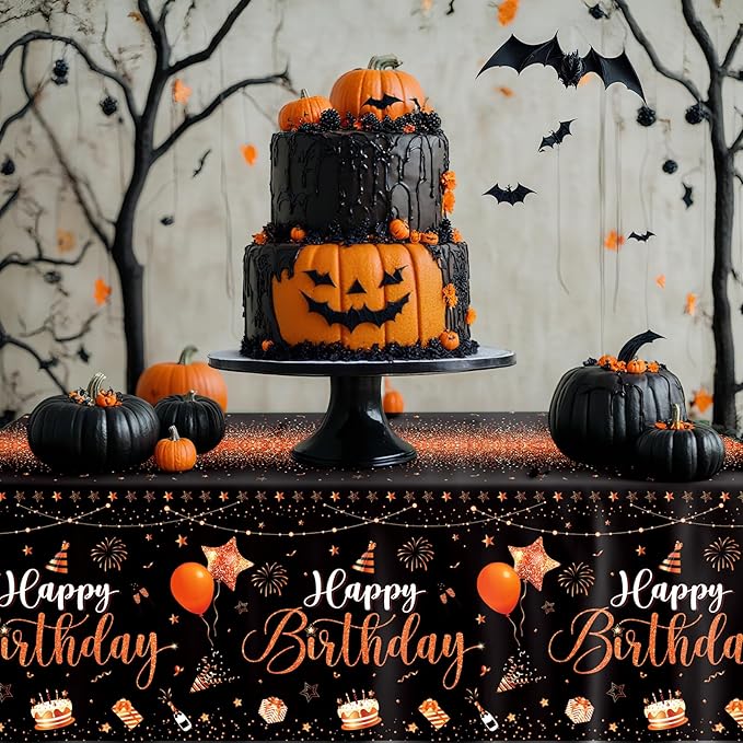 Tudomro 3 Pcs Happy Birthday Tablecloths Happy Birthday Party Decorations Plastic Table Cover Rectangular Cloths for Women Men Baby Shower Party Supplies, 108 x 54 Inch (Black Orange)