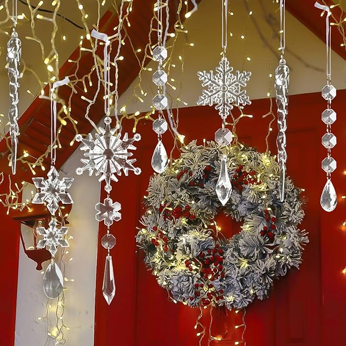 18pcs Crystal Christmas Ornaments for Tree Decorations-Hanging Acrylic Snowflake Icicle Ornaments with Drop Pendants for Winter Wonderland Chandelier Crystals Decorations Supplies (Pack of 2)