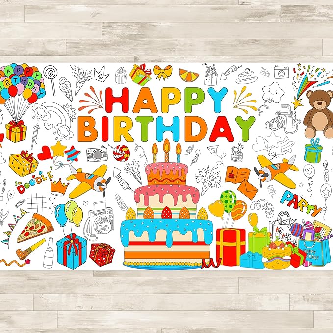 AinDen Birthday Coloring Tablecloth for Kids, Giant 72 x 30 Inch Coloring Poster, Happy Birthday Party Decorations Table Cloth for Crafts Games & Activities, School Classroom & Home