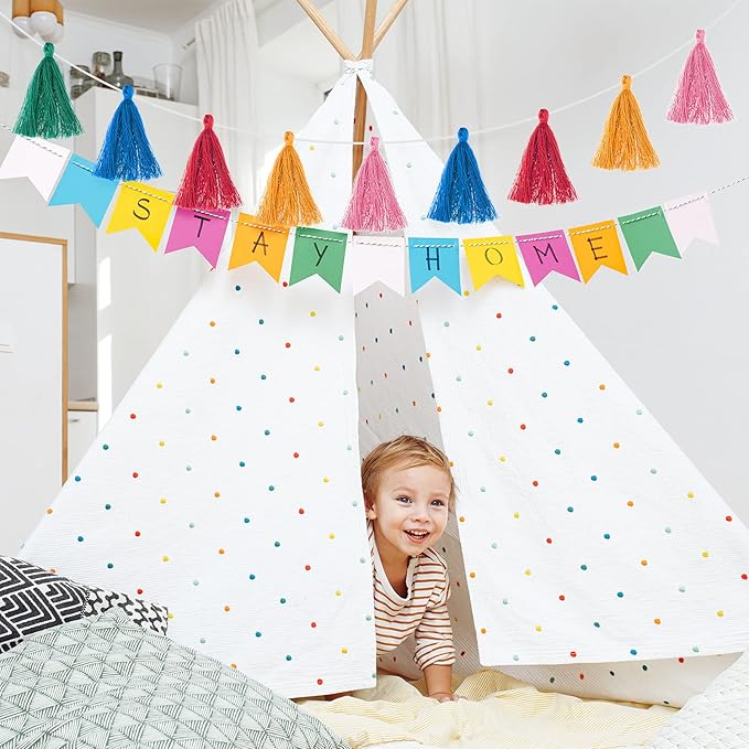 Irenare 9.8ft Pom Pom Garland Felt Rainbow Garland Graduation Party Decoration Colorful Pennant Tassel Banner Birthday Baby Shower Triangle Banner for Classroom School Mantel Fireplace(Multicolor)
