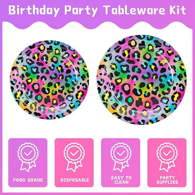 120pcs Neon Rainbow Leopard Birthday Party Supplies Paper Plates Napkins Cheetah Girl's Sparkly Splatter Paper Tableware Set Disposable Cups Pink Forks 24 Guests