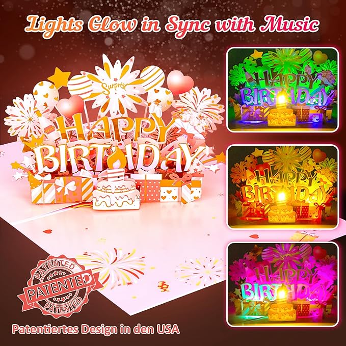 INPHER Birthday Cards for Women Pop Up Happy Birthday Card Blowable LED Candle Light and Music Birthday Gifts for Women Mom Wife Grandma Rose Gold