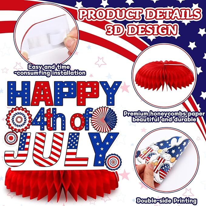 JULMELON 8PCS 4th of July Table Decorations Honeycomb Centerpieces, 3D Double Sided Fourth of July Centerpieces for Tables Patriotic Decor Independence Day Party Supplies