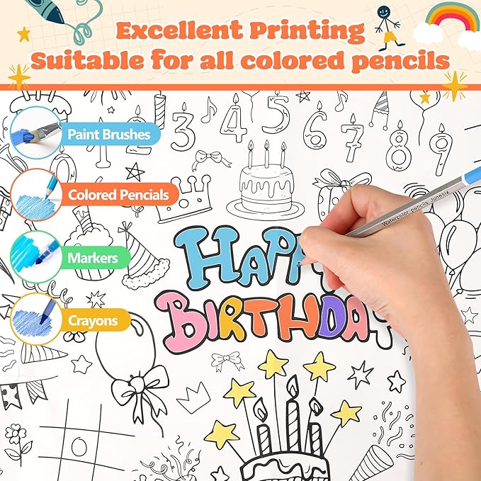 GWHOLE Happy Birthday Coloring Tablecloth, 40x28 Inch Coloring Poster Coloring Table Cloth for Kids Gift Birthday Parties, Classroom Activities