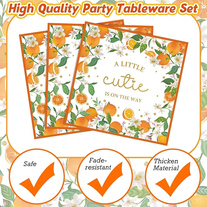 350 Pcs a Little Cutie Is on The Way Baby Shower Tableware Set, Baby Shower Plates Napkins Cups Dessert Forks Disposable Supplies for 50 Guests, Cute Orange Party Decoration