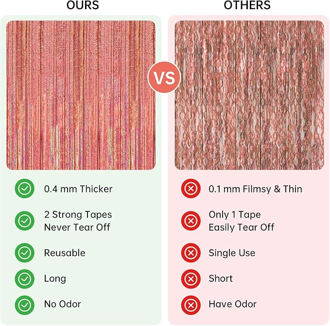 2 Pack 3.3 x 8.2 ft Tinsel Foil Fringe Backdrop Curtain, Upgraded Rose Gold Glitter Metallic Streamers, Party Photo Curtains Backdrop for Birthday Wedding Bride Prom Bachelorette Party Decor