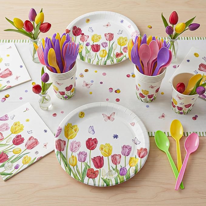 Havawish 350 Pcs Spring Floral Party Supplies Tulip Disposable Tableware Set Wild Flowers Butterflies Oval Paper Plates Cups Napkins Fork Knife Spoon Dinnerware for 50 Guests Spring Table Decorations