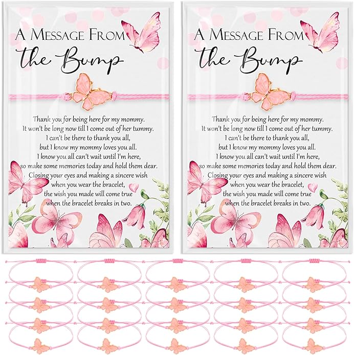 Ferreve Baby Shower Favors for Guests Bulk, 50 Pack Butterfly Wish Bracelets with “A Message from the Bump” Cards, Baby Shower Party Favors for Gender Reveal