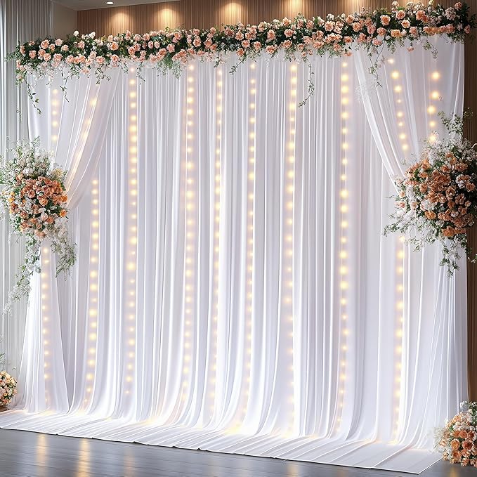 20 x 10ft White Backdrop Curtains with Lights String for Wedding Polyester Photo Backdrop Drapes Wrinkle Free White Long Curtains for Birthday Parties Reception Baby Shower Ceremony-10 x 5ft x 4Panels