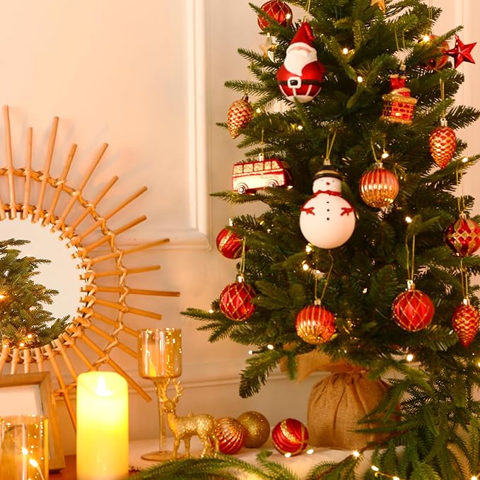 Alupssuc 100 Pcs Christmas Ball Ornaments Set, Santa Claus and Snowman Christmas Decoration Baubles for Indoor Outdoor Holiday Wedding Party Decoration Tree with Hanging Rope, Red & Gold