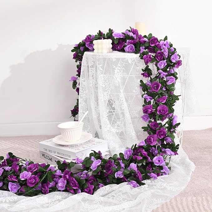 BLEUM CADE 12Pcs 98.4Ft Flower Garland Artificial Rose Vines for Bedroom, Cute Fake Hanging Flower Vines Floral Garland Decorations for Wedding Party Wall Room Decor Aesthetic