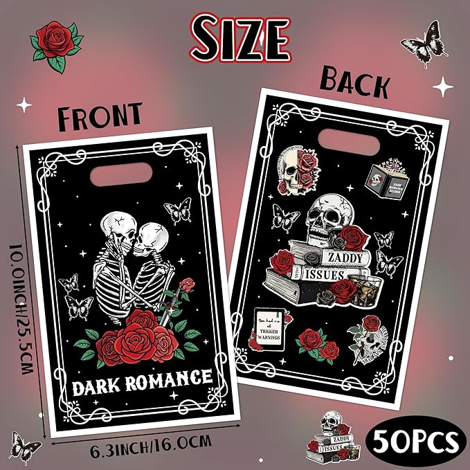 G1ngtar 50Pcs Dark Romance Book Lover Party Favor Bags - Skull Rose Black Gothic Aesthetic Goodie Candy Treat Gifts Waterproof Plastic Bags for Kids Birthday Party Decoration Supplies