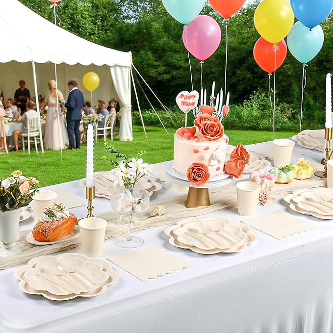 350 Pcs Ivory Paper Plates and Napkins Set, Tableware Set for 50 Guests Include Disposable Ivory Scalloped Plates, Napkins, Cups, Knives, Forks & Spoons for Baby Shower Wedding Bridal Shower Birthday