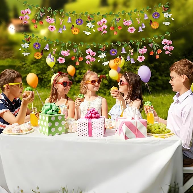 2PCS Flower Banner Reusable Wildflower Garland Floral for Spring Party Enchanted GardenTheme Picnic Wedding Baby Shower Birthday Tea Party Supplies Home Decorations (Pink-Smaller)