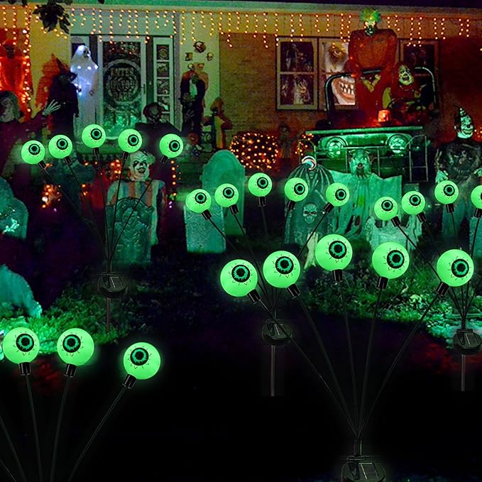 Dazzle Bright Halloween Decorations Outdoor, 6 Pack 36LED Solar Eyeball Pathway Lights, Scary Waterproof Solar Green Firefly Lights for Garden Lawn Yard Decor