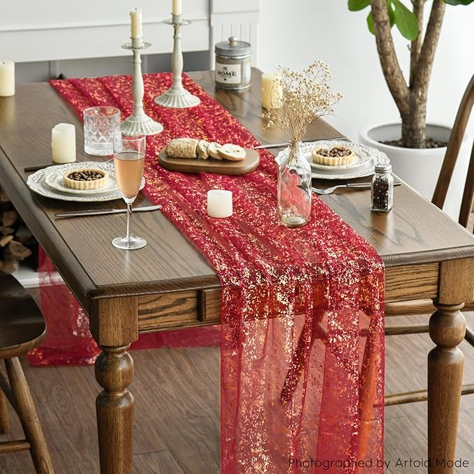Artoid Mode Red Gold Gauze Table Runner 120 Inch 10Pcs, Glitter Metallic Foil Sheer Dining Wedding Anniversary Holiday Table Decor for Home Party