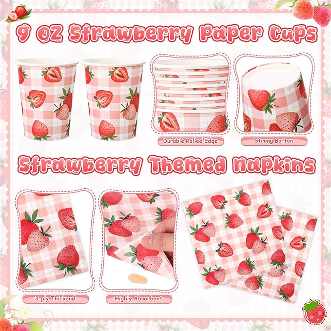 Honeydak 210 Pcs Strawberry Party Supplies for 30 Guests, Includes Plates, Cups, Napkins, Cutlery - Strawberry Birthday Tableware Decoration for 1st Birthday, Summer Fruit Party
