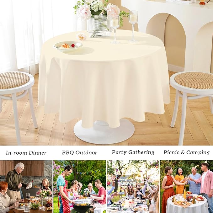 Mulbozy 2 Pcs Ivory Round Tablecloth, 84 inches Disposable Plastic Milky White Circle Table Covers for Baby Shower Wedding Bridal Shower Birthday Party Decorations