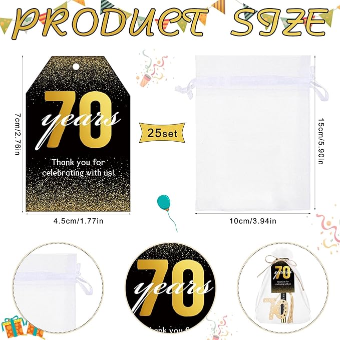 Spakon 25 Set 70th Birthday Party Favor for Guest Anniversary Party Favor Golden Birthday Bookmark Thanks for Coming Pen with Tag Appreciation Gifts for Women Men Wedding New Year