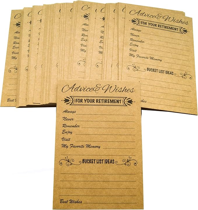 RXBC2011 Retirement Well Wish and Advice Cards Pack of 50 Rustic Kraft Retired Ideas Supplies and Decoration Happy Retiree Celebration Gift Bucket List Wish Funny Officially Retired