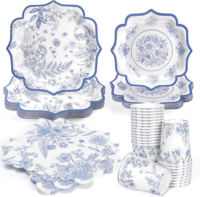 96pcs Blue and White Floral Paper Plates - Blue Flower Party Plates, Cups and Napkins Serve for 24 Baby Shower Spring Garden Birthday Wedding Tea Party Supplies Decorations