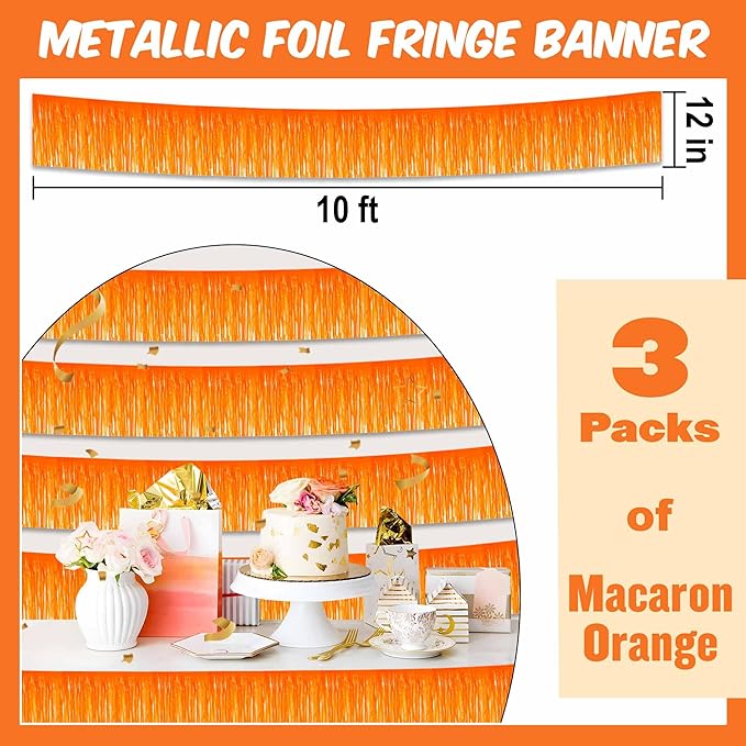 3 Pack 10 Ft Macaron Orange Foil Fringe Garland Metallic Streamers Tinsel Banner Wall Hanging Garland Backdrop for Parade Floats, Halloween, Christmas, Thanksgiving, New Year Party Decorations