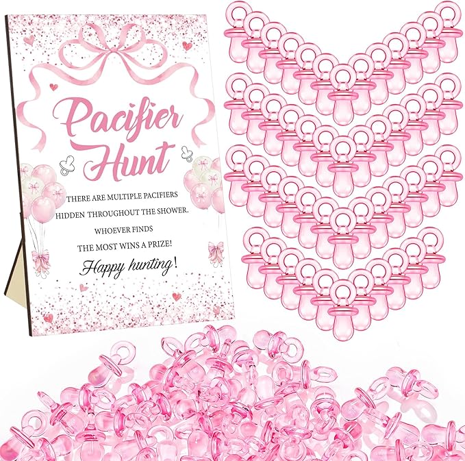 Thyle 51 Pcs Pink Bow Pacifier Hunt Baby Shower Games Include Hunt Sign and 50 Acrylic Pacifiers Coquette Bow Themed Baby Shower Game Decoration Gift Sets for Girls Gender Reveal Party Decor