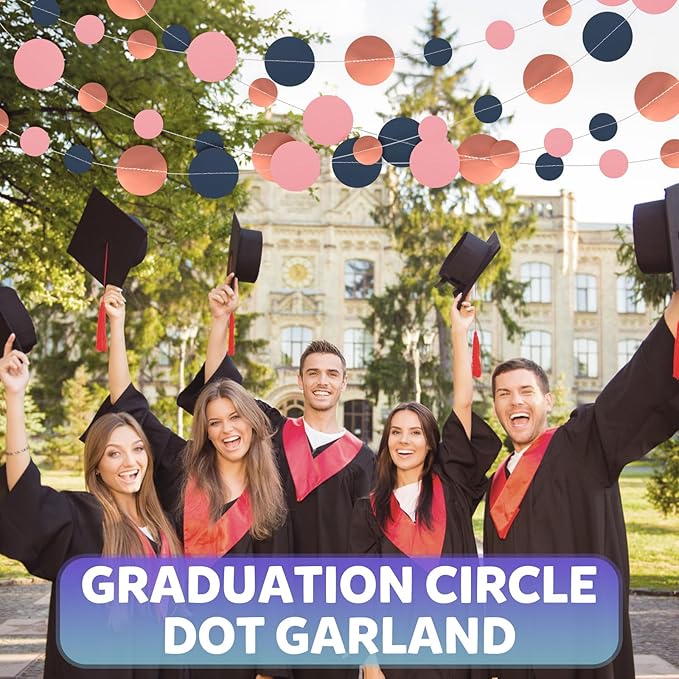 52FT Party Garlands, Paper Garland Circle Dots, Hanging Circle Banner Decorations for Birthday, Party, Wedding, Baby Shower, Graduations, Christmas, Wall Decor (Blue Pink Rose Gold Garlands)