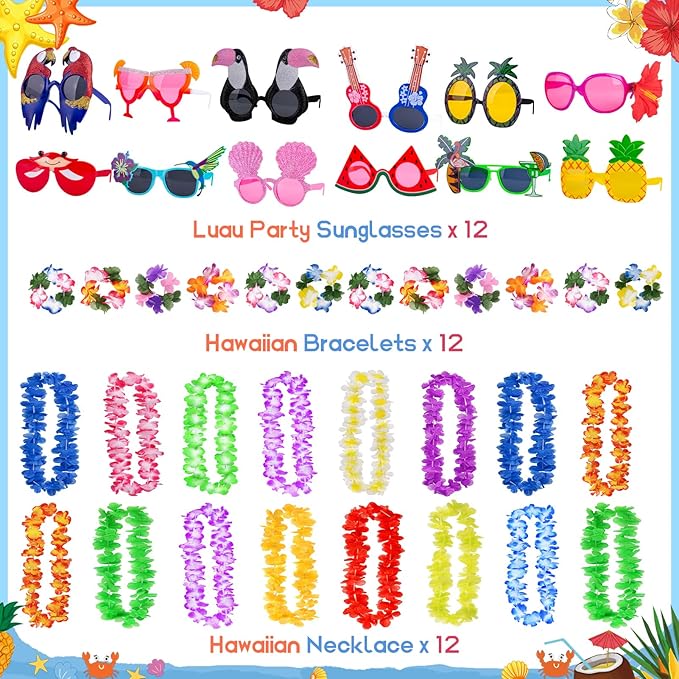 36 PCS Hawaiian Beach Tropical Party Decorations, Fun Summer Kids Party Favors with Luau Sunglasses and Hawaiian Leis Necklaces Bracelets for Beach Pool Themed Party Supplies Decoration