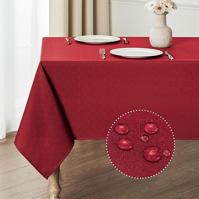 2 Pack Rectangle Tablecloth, 60x120 inch, Water Resistant Wrinkle Free Linen Textured Table Cloth Washable, Decorative Fabric Table Cover for Dining, Party and Camping, Red