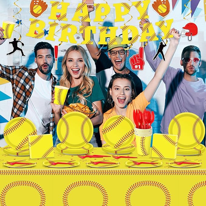 184pcs Softball Birthday Party Supplies Set Includes Softball Plates Napkins Cups Tablecloth Swirls Banner Tableware Kit Dispose Softball Party Decorations Favors for Girl Woman Man, Serve 25