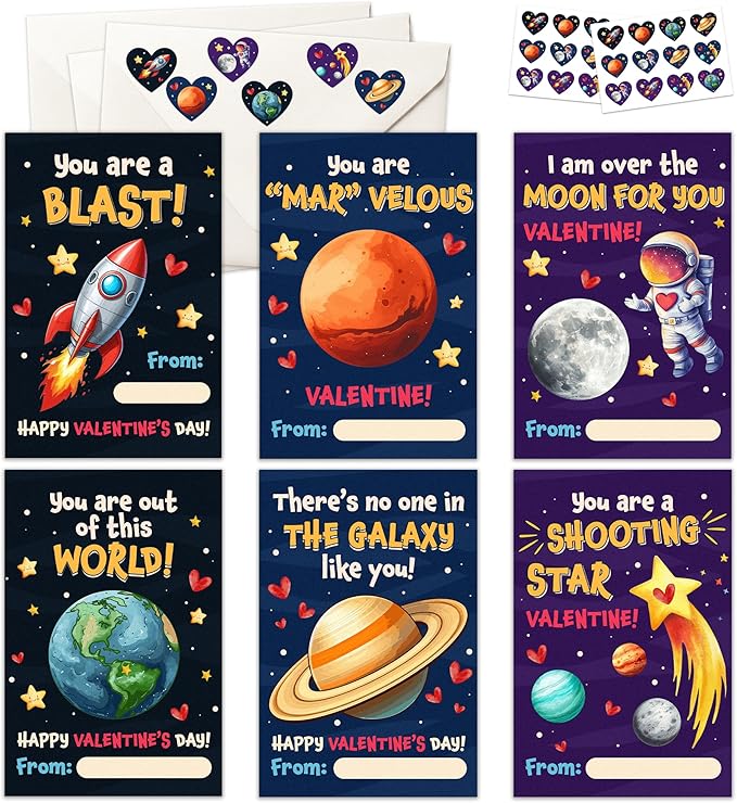 Pawzity 36 Packs Valentines Day Cards for Kids - Valentines Day Gifts for Kids Toddlers Classroom School Party Favors - Universe Planets Rocket Ship Galaxy 3.2''x 4.7'' Exchange & Envelopes, Stickers