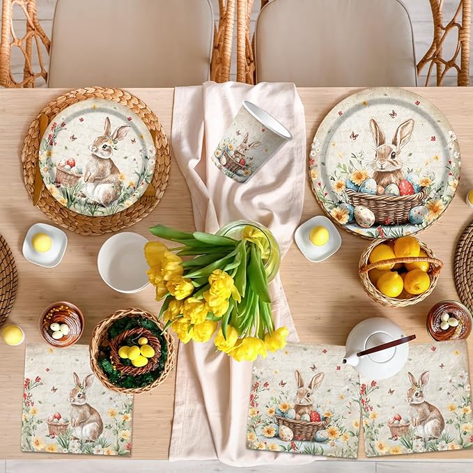 Easter Party Supplies,120Pcs Vintage Easter Paper Plates,Napkins,Knives,Forks Spring Easter Bunny Egg Flower Party Tableware for Easter Holiday Party,Happy Easter Decoration