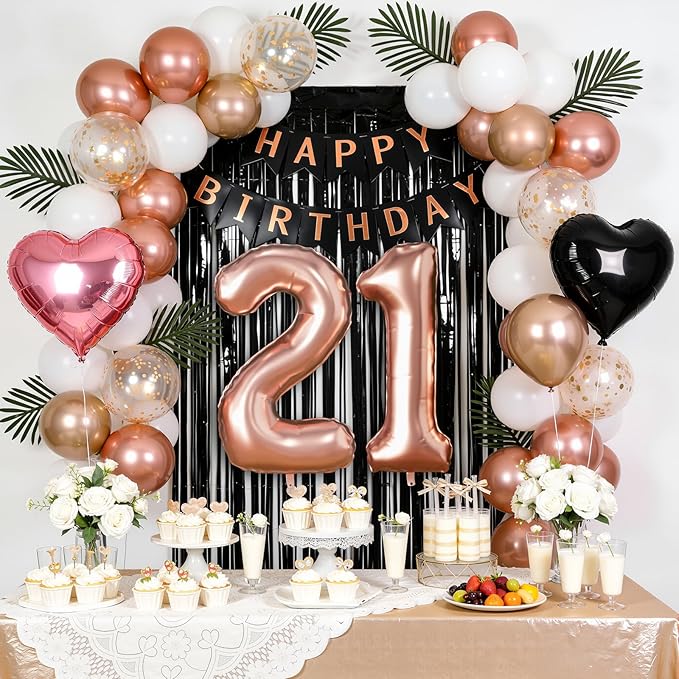 21st Birthday Decorations for Women - Rose Gold, Black and Hot Pink Party Supplies Set with Happy 21st Banner, Number 21 Balloons and Foil Fringe Curtains - 21 Year Old Celebration Kit