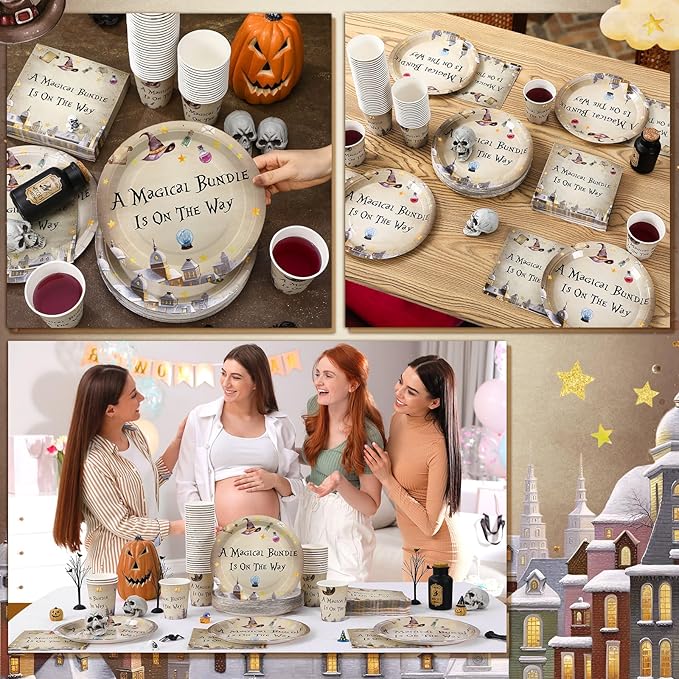 Hushee 200 Pcs Magical Wizard Baby Shower Paper Plates Napkins Cups Baby Shower Party Supplies Tableware Set Magical Wizard Theme Disposable Cup Napkin for 50 Guest Sets Party Decoration Boy Girl