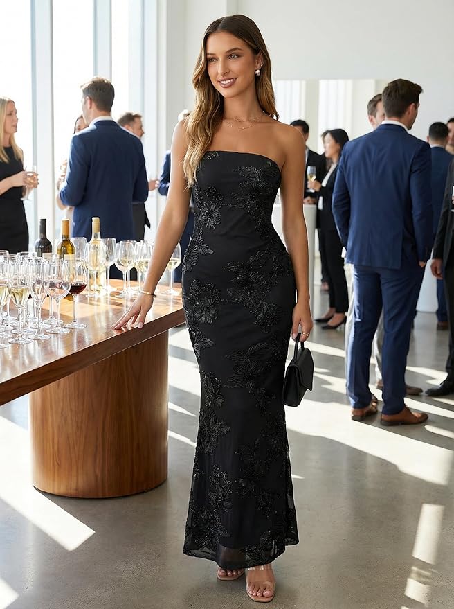 MEROKEETY Women's Floral Strapless Maxi Dress 2026 Summer Mesh Tube Bodycon Formal Wedding Guest Cocktail Party Long Dresses