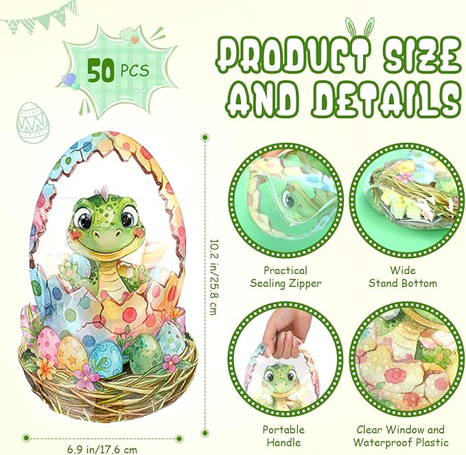ReliThick 50 Pcs Dinosaur Goodie Bags with Handles, Sealed Plastic Dinosaur Party Favor Gift Bags Bulk Clear Window Dino Egg Candy Treat Pouch for Snack Birthday Baby Shower Decoration Supplies