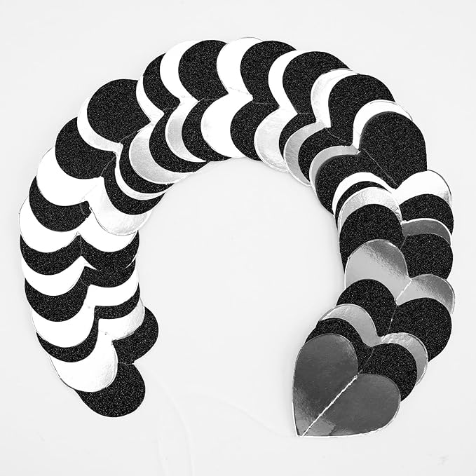 GCQQ Black White Silver Party Decorations - 52FT Black Glitter Heart Garland 4 Pack Paper Birthday Hanging Streamer Garlands for Valentine's Day Wedding Engagement Anniversary Bachelorette Party Decor