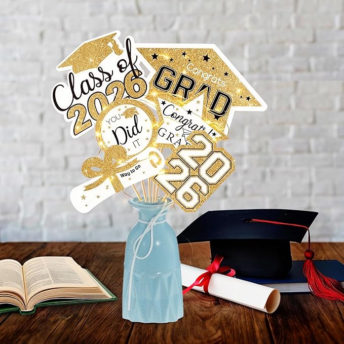 OuMuaMua Graduation Decorations Class of 2026-30pcs White and Gold Graduation Table Centerpieces Sticks Table Toppers with Lights for College High School Congrats Grad Party Supplies