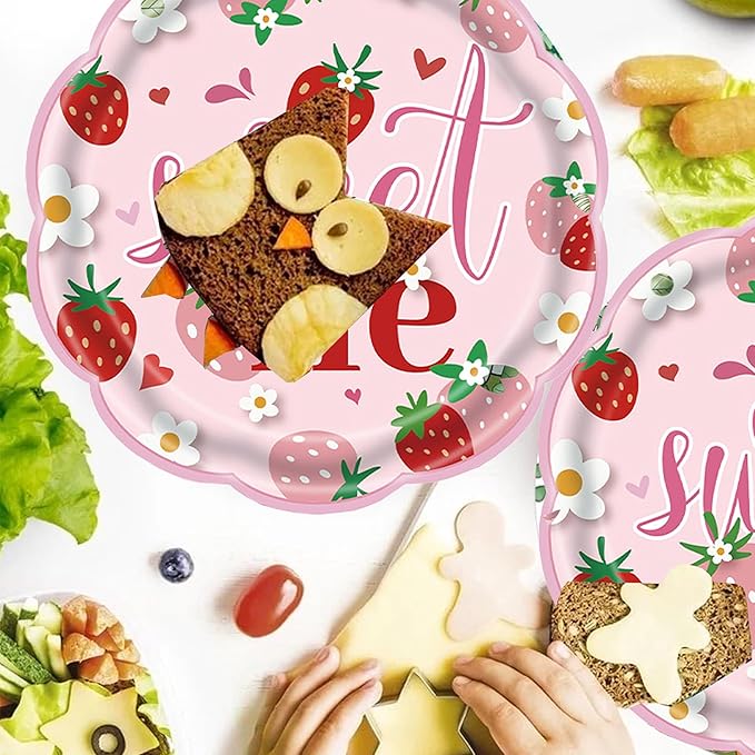 Berry First Birthday Decor, 194Pcs Strawberry Party Supplies Serves 24 Guests Includes Plates, Cutlery, Cups, Napkins, Tablecloth & Banner