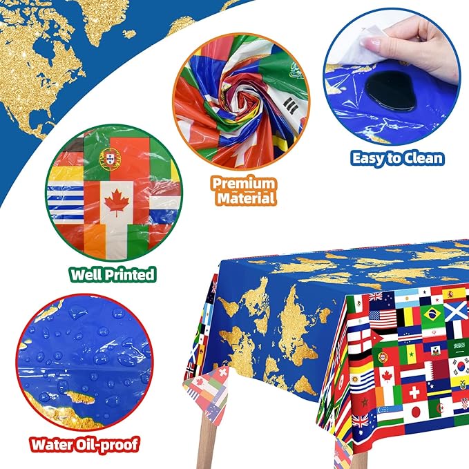 3World Cup Flag Tablecloth International Country Flag Decorations, Disposable Plastic Table Cover for Soccer World Cup Party,Games, Patriotic BBQ, Birthday, Outdoor Picnic Supplies