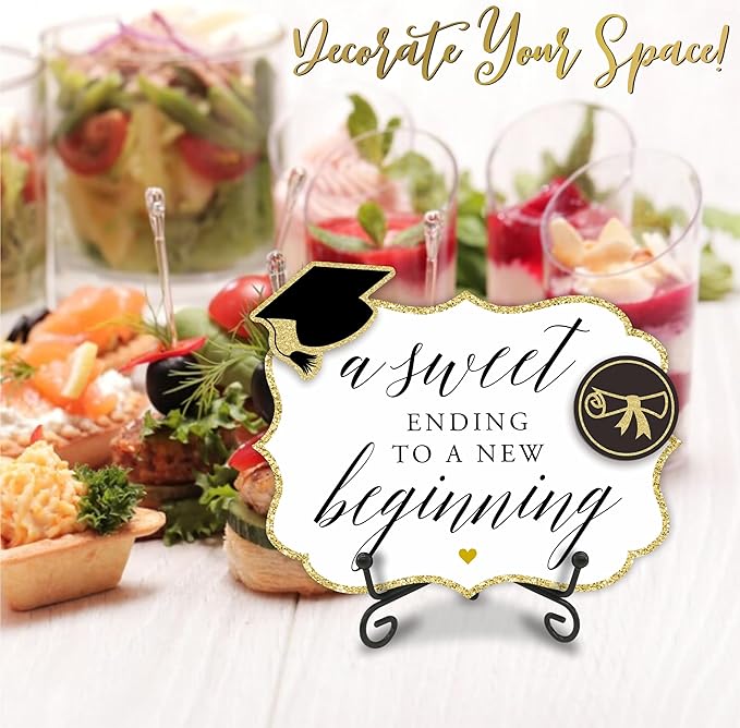 Gold Grad Party Wooden Table Sign - A Sweet Ending To A New Beginning - 5"X7" Buffet Sign, Treat Sign With Metal Support & 2 DIY Wood Decor With Velcro, Grad Party Decorations & Supplies - B04