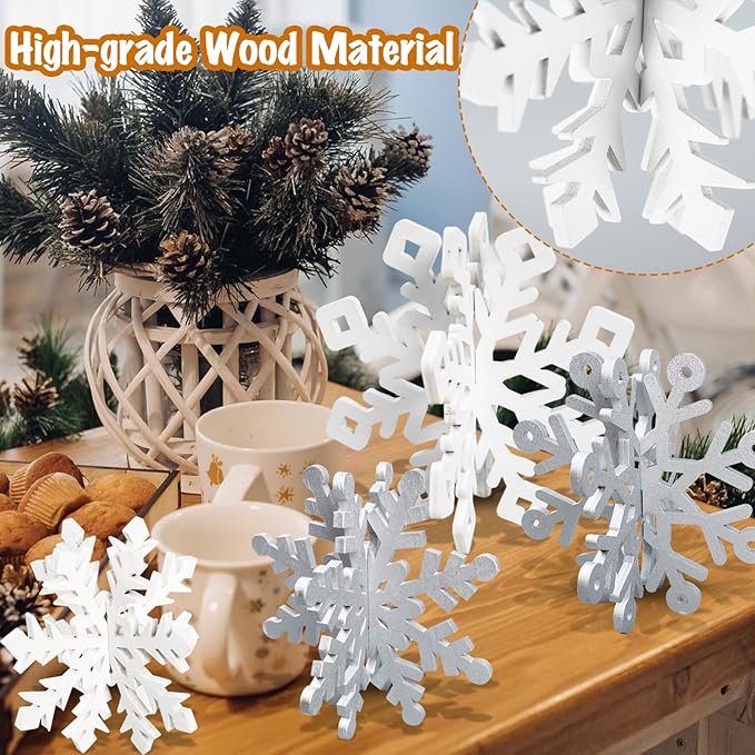OuMuaMua 12 Set Winter Christmas Centerpiece Table Decorations - 24pcs Wooden Snowflakes Decor 3D Silver White Snowflake Tabletop Decor for Xmas Holiday Tiered Tray Winter Farmhouse Home Decor
