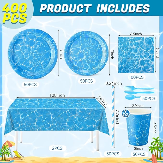Ceenna 452 Pcs Ocean Waves Party Decorations for 50 Guest, Under The Sea Pool Paper Plates Napkins Cups Tablecloth Cutlery Straw for Summer Blue Ocean Water Beach Birthday Baby Shower Party Supplies