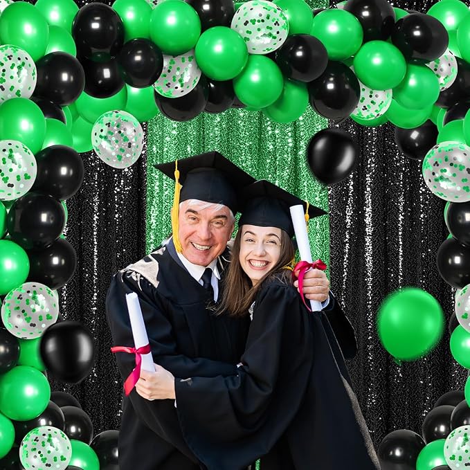 137 Pcs Green Black Party Backdrop Kits- 4 Sequin Curtains Backdrop 133 Balloon Arch Kit, Glitter Photo Background for Graduation Birthday Wedding Anniversary Baby Shower