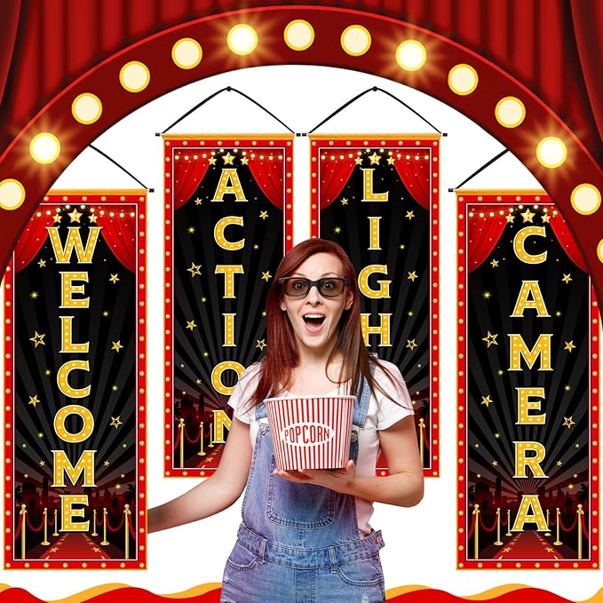 Panelee 4 Pcs Movie Night Porch Banner Movie Themed Party Decorations Theater Welcome Lights Camera Action Front Door Sign Hanging Decoration for Home Photo Film Booth Backdrop Party Supplies