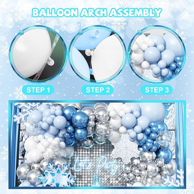Winter Wonderland Balloon Arch Garland Kit, Baby Blue and White Balloons with Snowflake Star Foil Balloons for Ice Wonderland Christmas Baby Shower Princess Theme Birthday Party Decorations Supplies