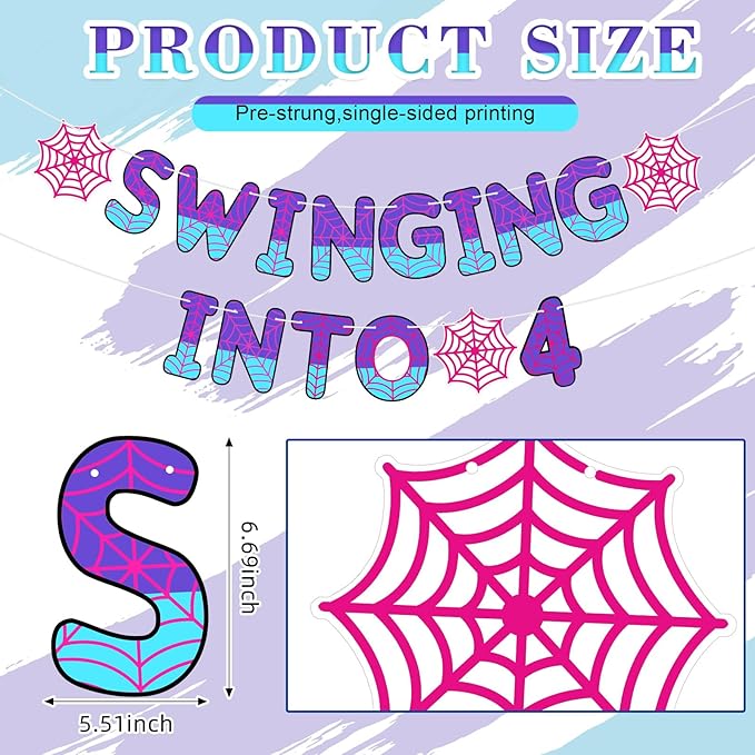 TaoBary Spider Theme 4th Birthday Banner, Pre-strung Swinging into 4 Banner, Spider 4th Birthday Decorations Party Supplies for Kids, Fourth Decor for 4 Year Old Boys Girls(Pink and Purple)