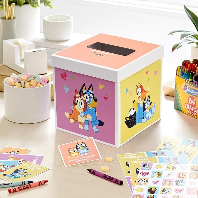 Hallmark Bluey Valentines Day Cards for Kids with Pop Up Mailbox for Classroom Exchange (1 Box, 32 Cards, 35 Stickers, 1 Teacher Card)